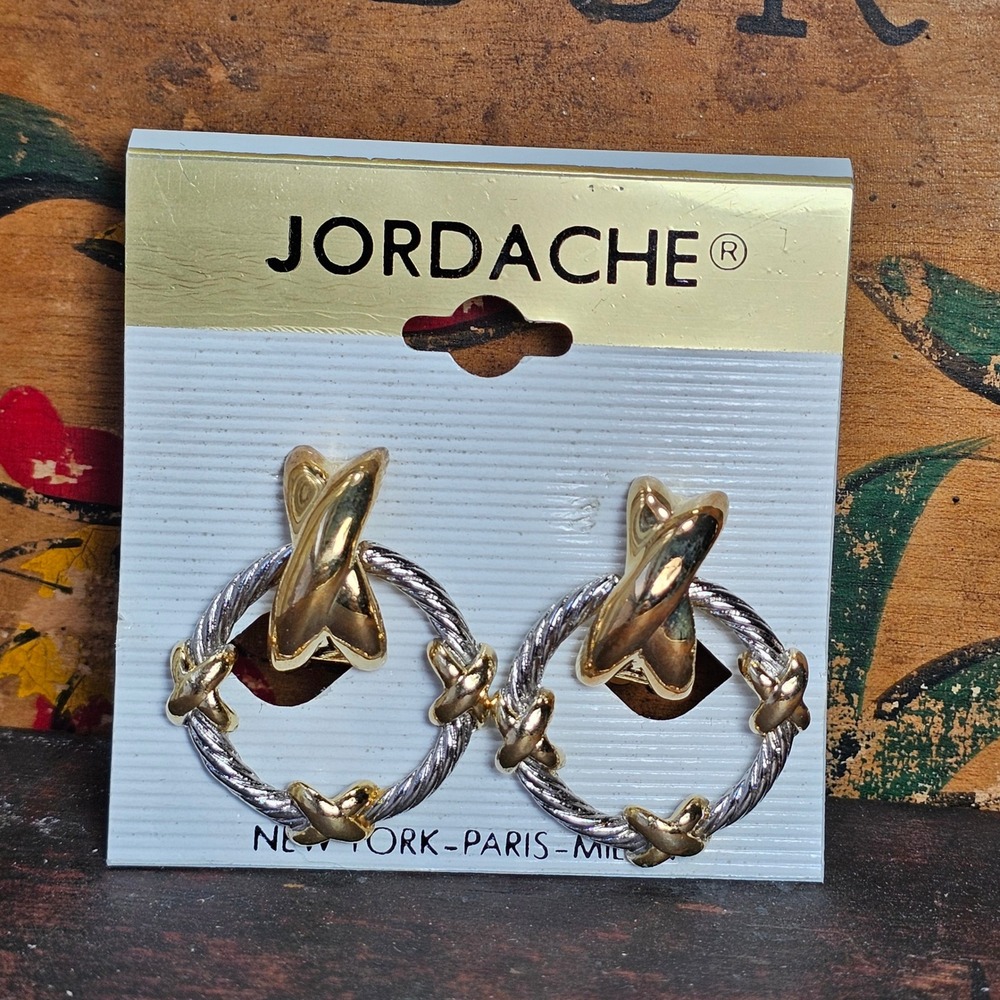 VTG 80s Doorknocker Earrings Women OS Gold Silver Tone Twisted Hoop Clip On